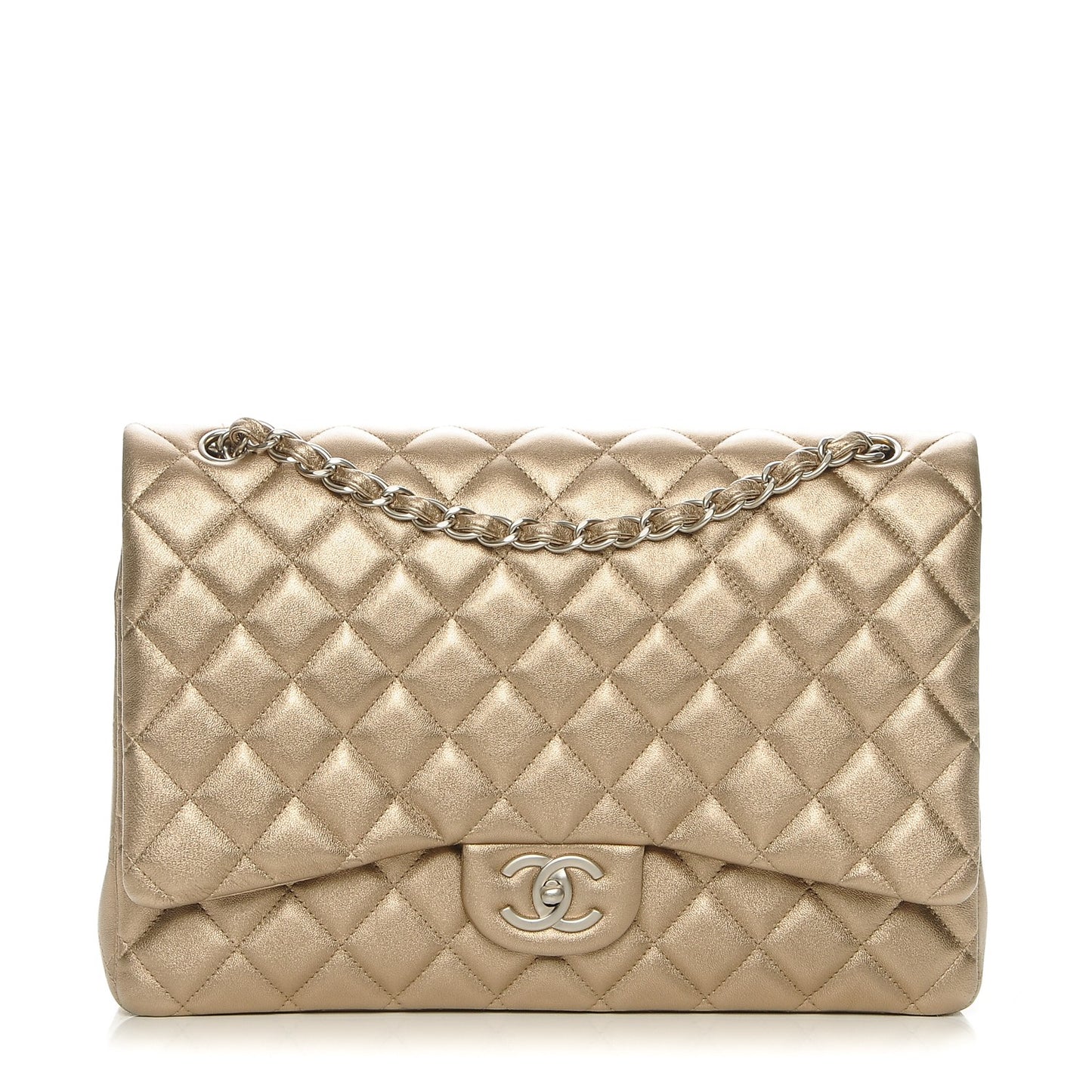 Metallic Lambskin Quilted Maxi Double Flap Gold