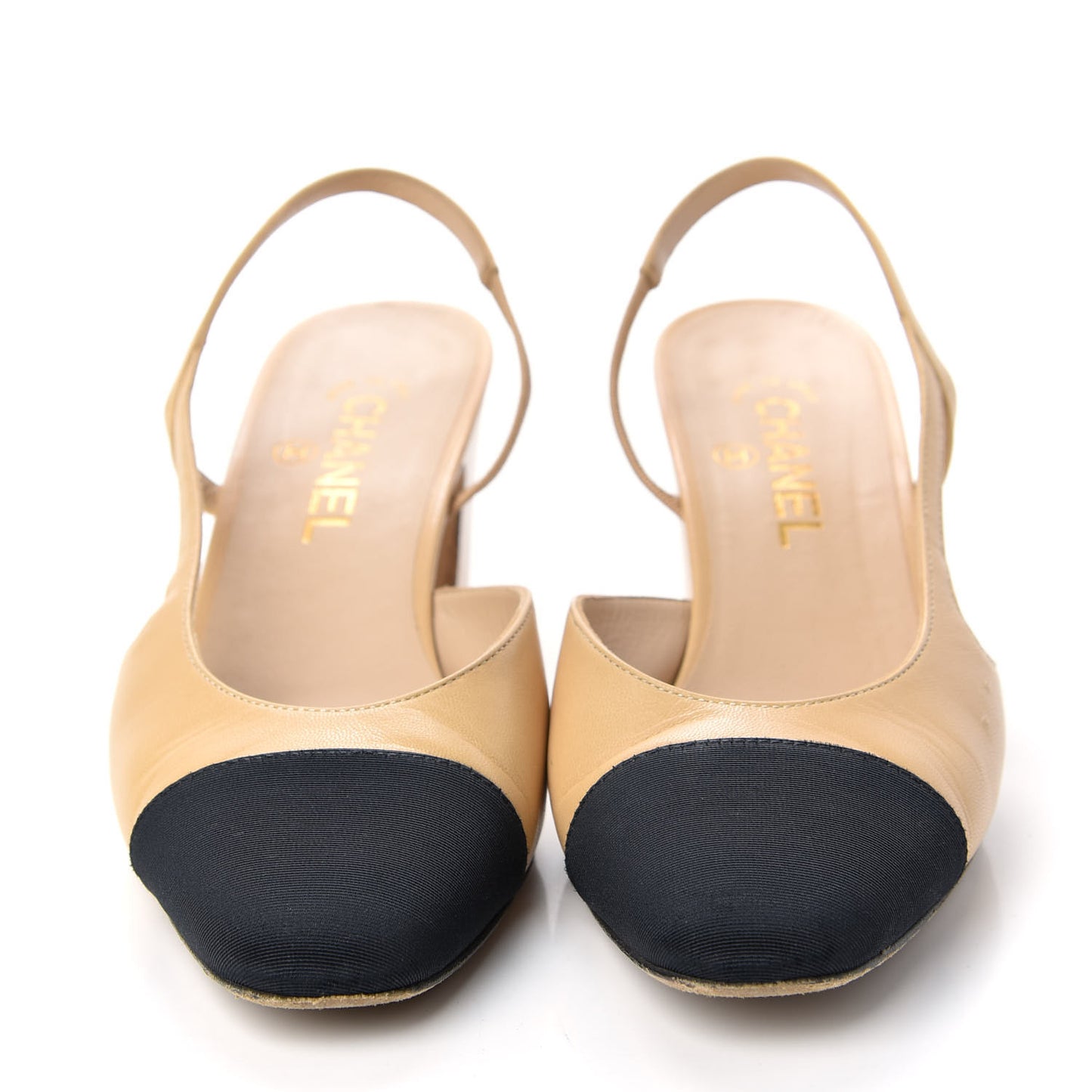 Goatskin Grosgrain Cap Toe CC Slingback Pumps 39.5 Beige Black
