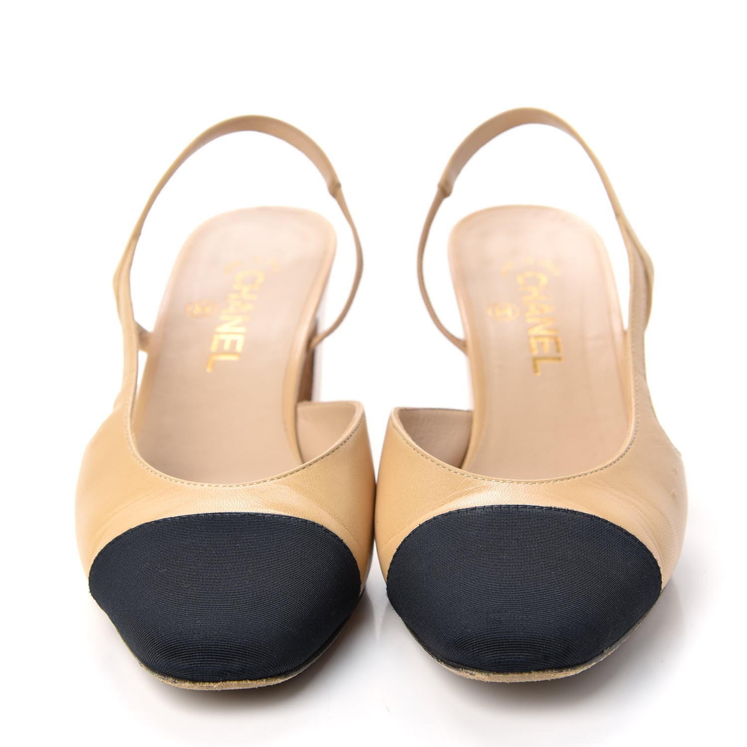 Chanel Goatskin Grosgrain Cap Toe CC Slingback Pumps 39.5 Beige Black 2 of 14
