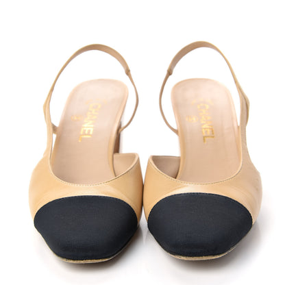 Chanel Goatskin Grosgrain Cap Toe CC Slingback Pumps 39.5 Beige Black 2 of 14