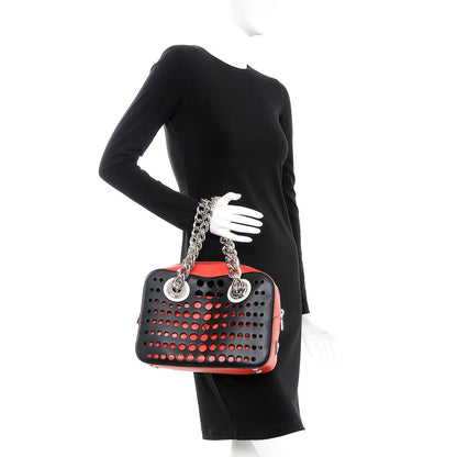 Prada City Calfskin Perforated Chain Shoulder Bag Black Lacca 2 of 10