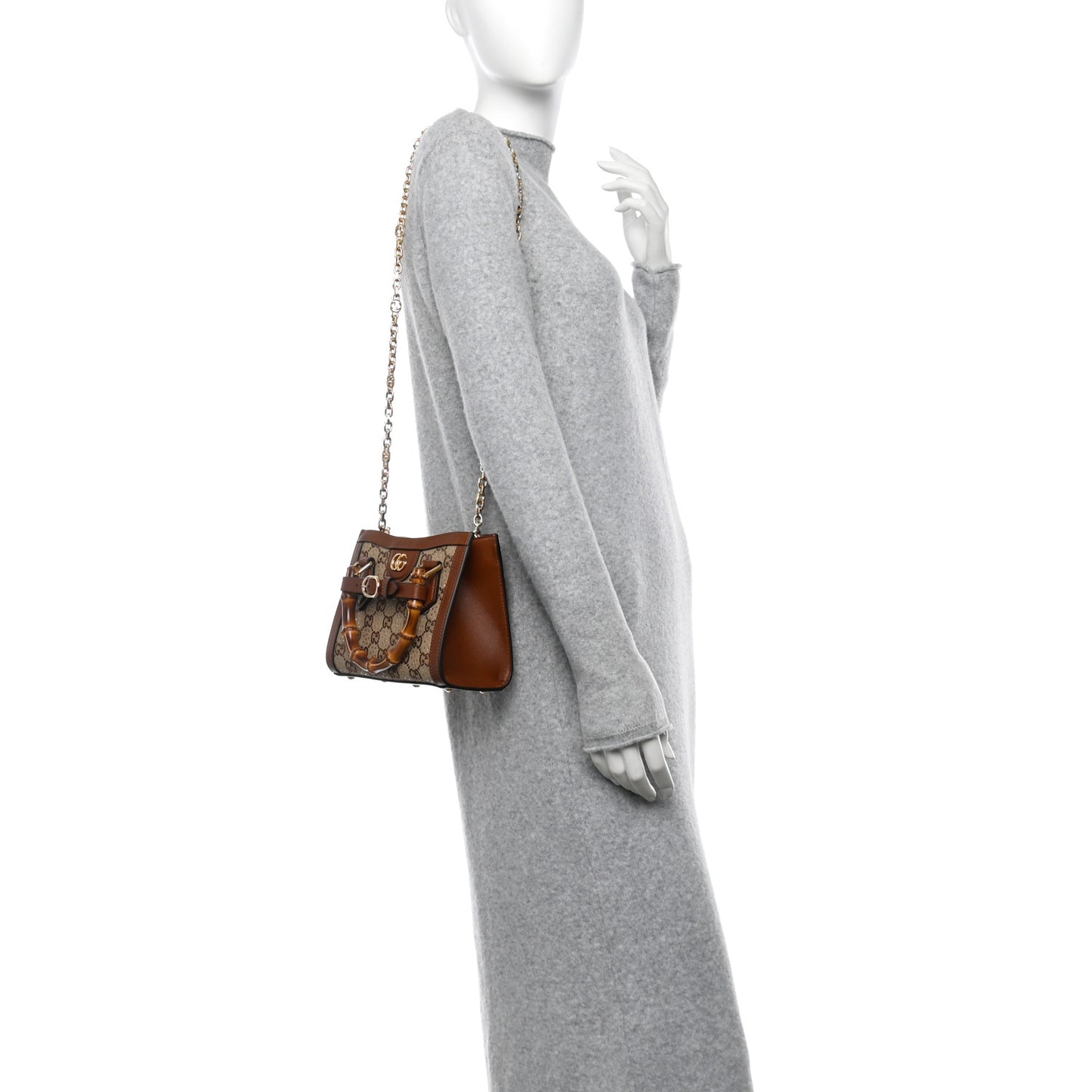 New Canvas Charisma Calfskin Crystal GG Monogram Mini Diana Tote Bag Camel Ebony