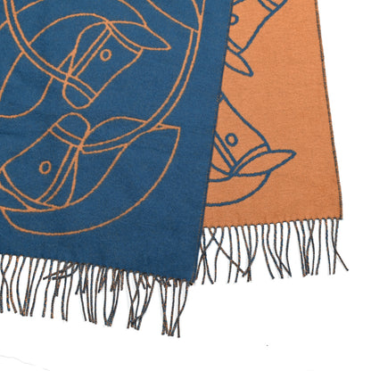 Hermes Cashmere Casaque Entrelacs Equestres Muffler Bleu Pilote Camel 3 of 5