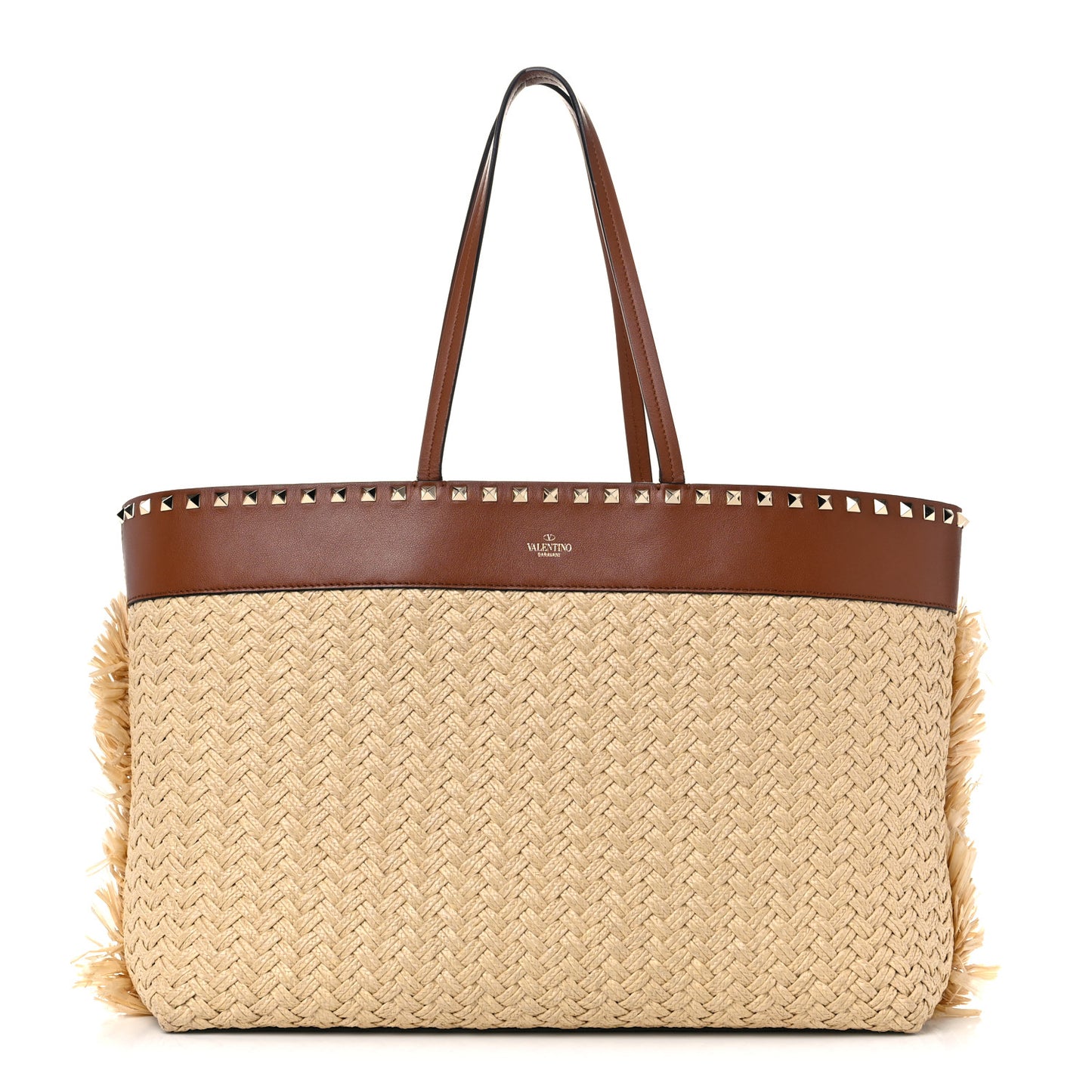 Raffia Calfskin Rockstud Shoulder Tote Naturale Saddle Brown
