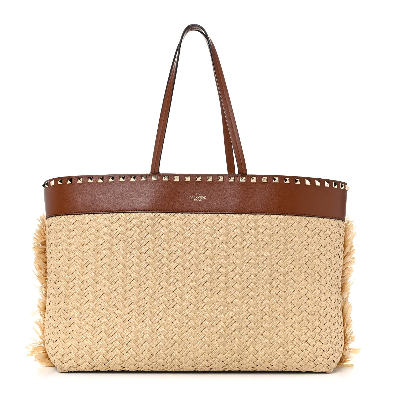 Valentino Garavani Raffia Calfskin Rockstud Shoulder Tote Naturale Saddle Brown 2 of 31
