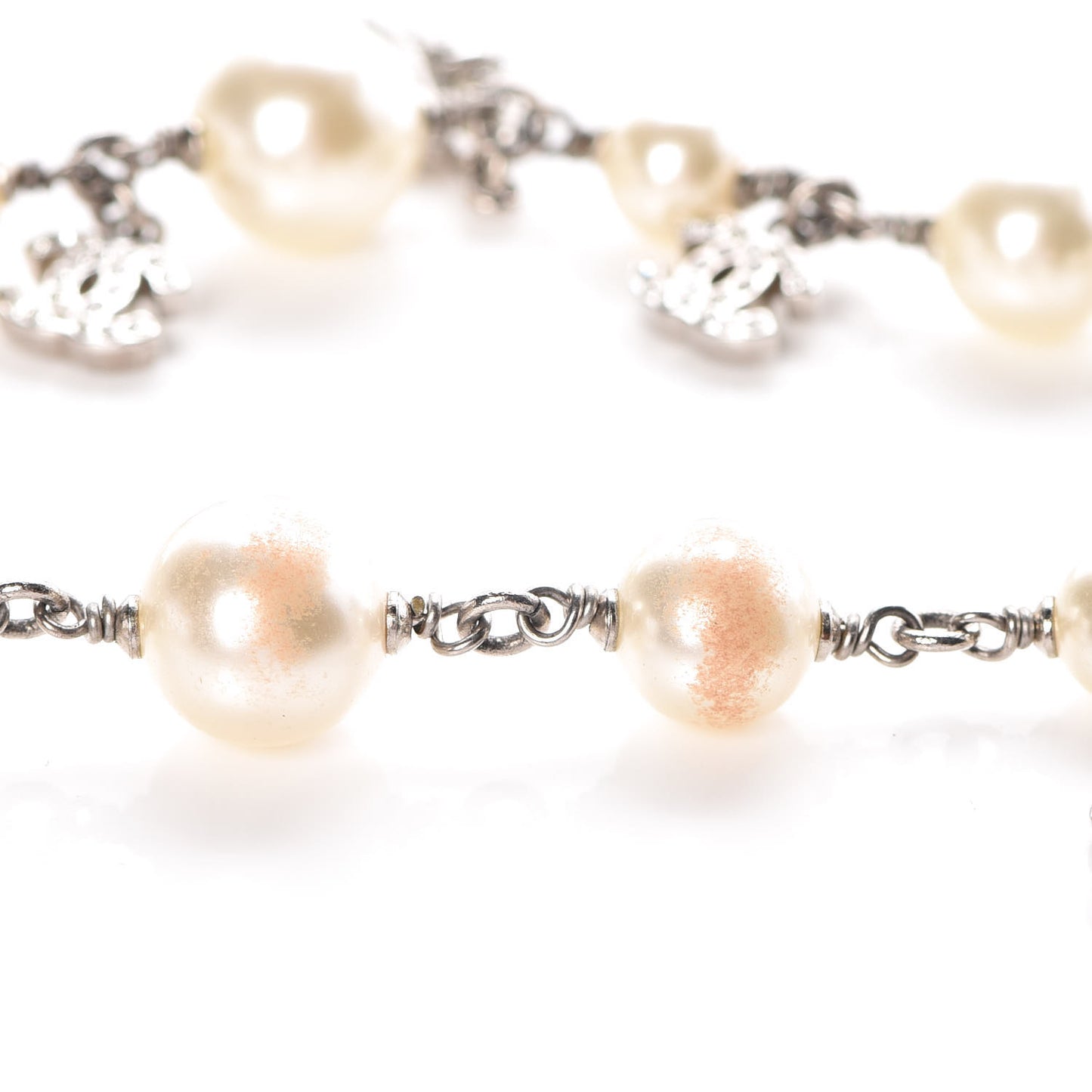 Crystal Pearl CC Camellia Charm Necklace Silver