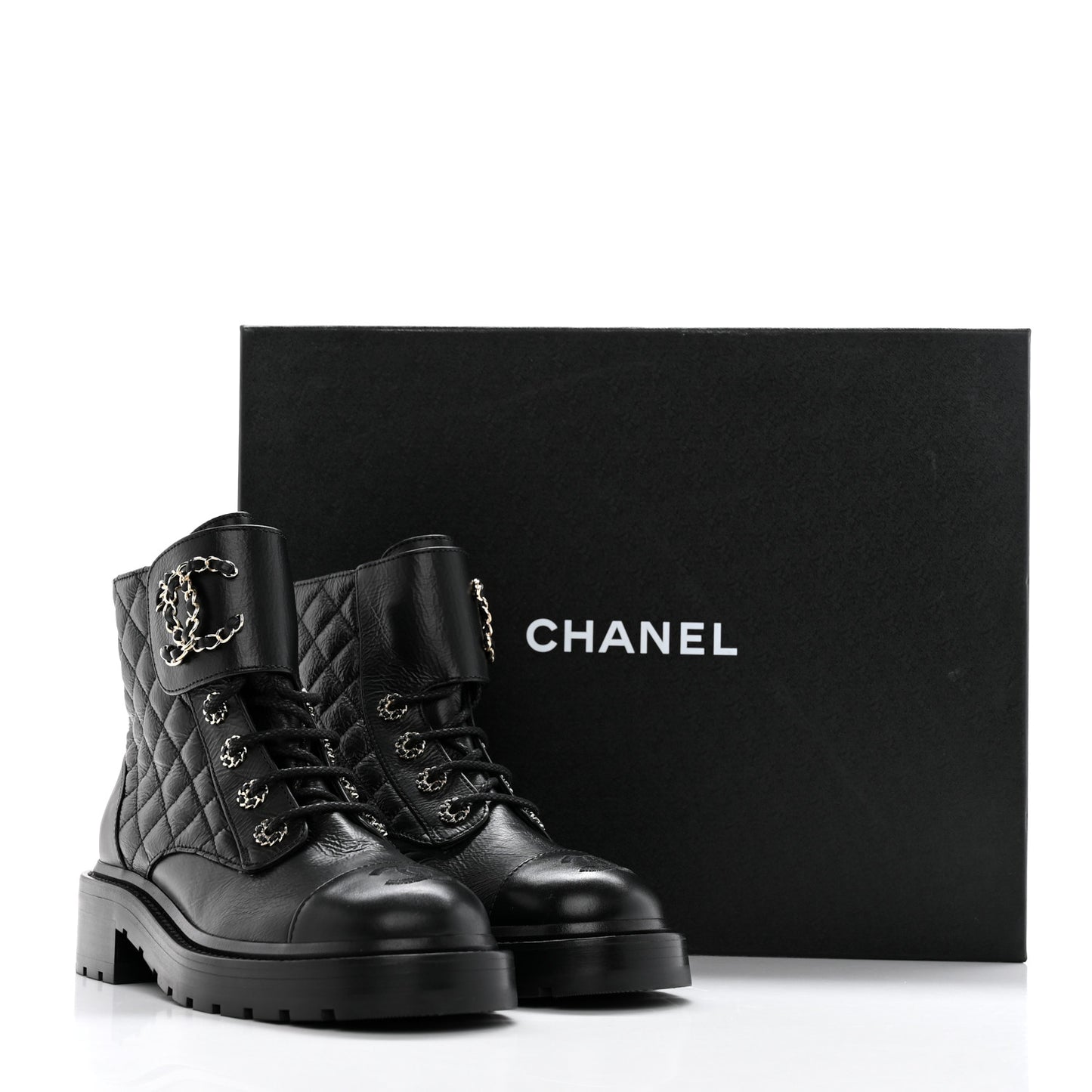 Shiny Calfskin Quilted Lace Up Combat Boots 36.5 Black