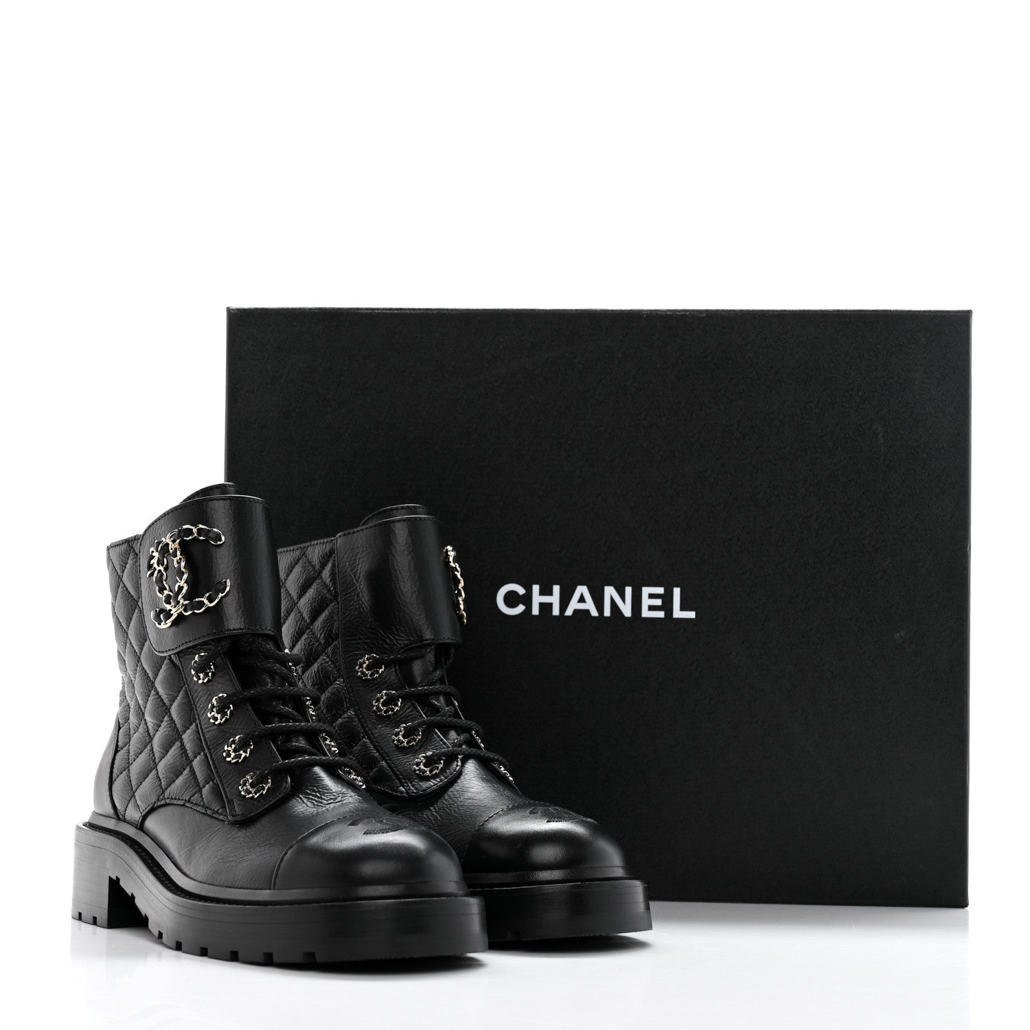 Chanel Shiny Calfskin Quilted Lace Up Combat Boots 36.5 Black 16 of 16