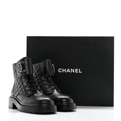 Chanel Shiny Calfskin Quilted Lace Up Combat Boots 36.5 Black 16 of 16