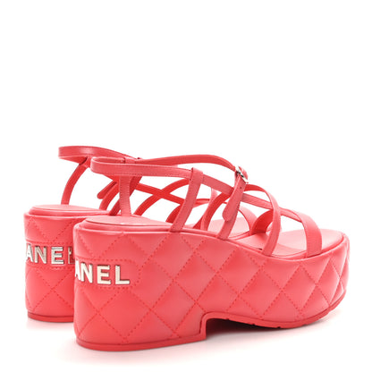 Chanel Calfskin Quilted Wedge Logo Sandals 37 Red 5 of 10