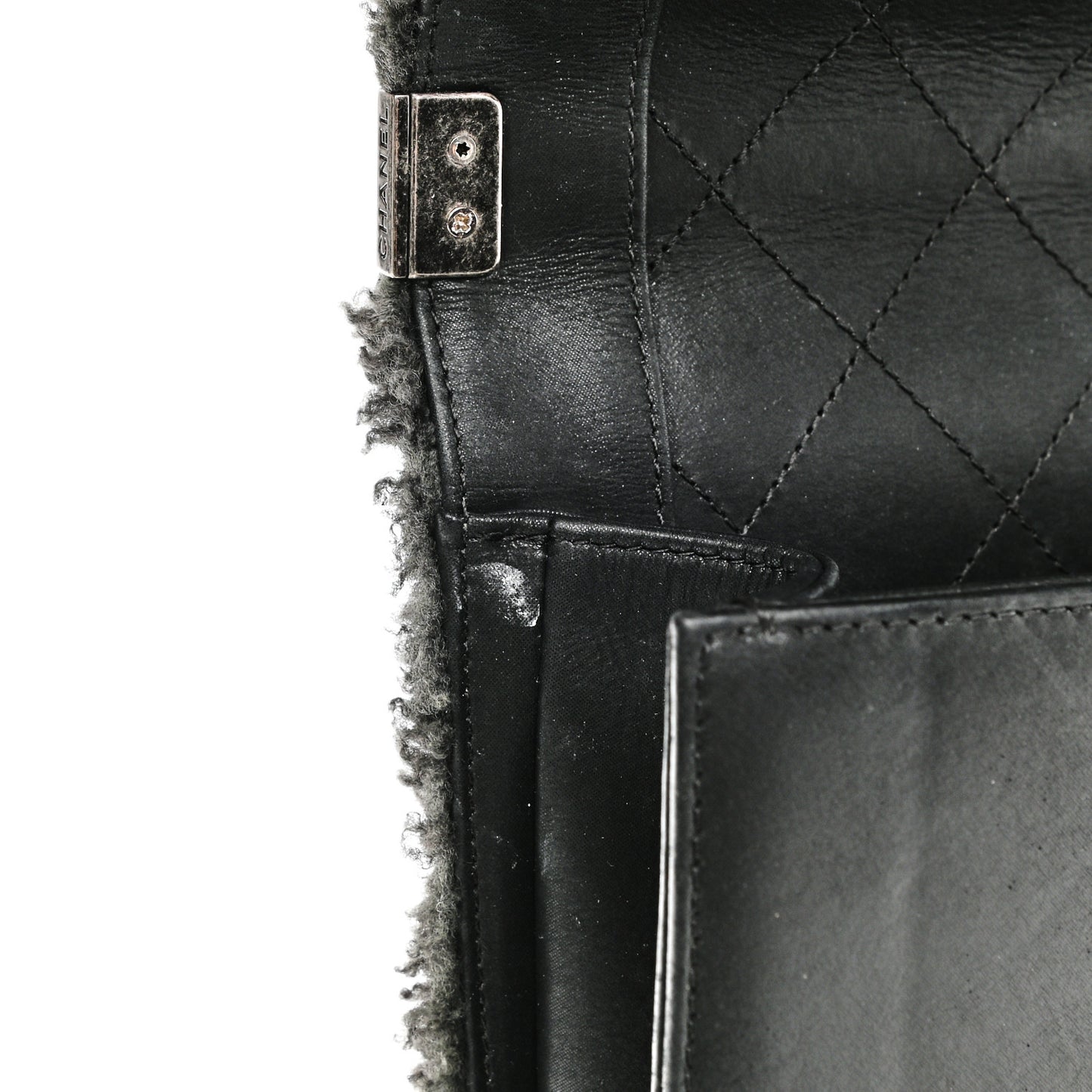 Shearling Iridescent Calfskin Medium Boy Flap Black Grey