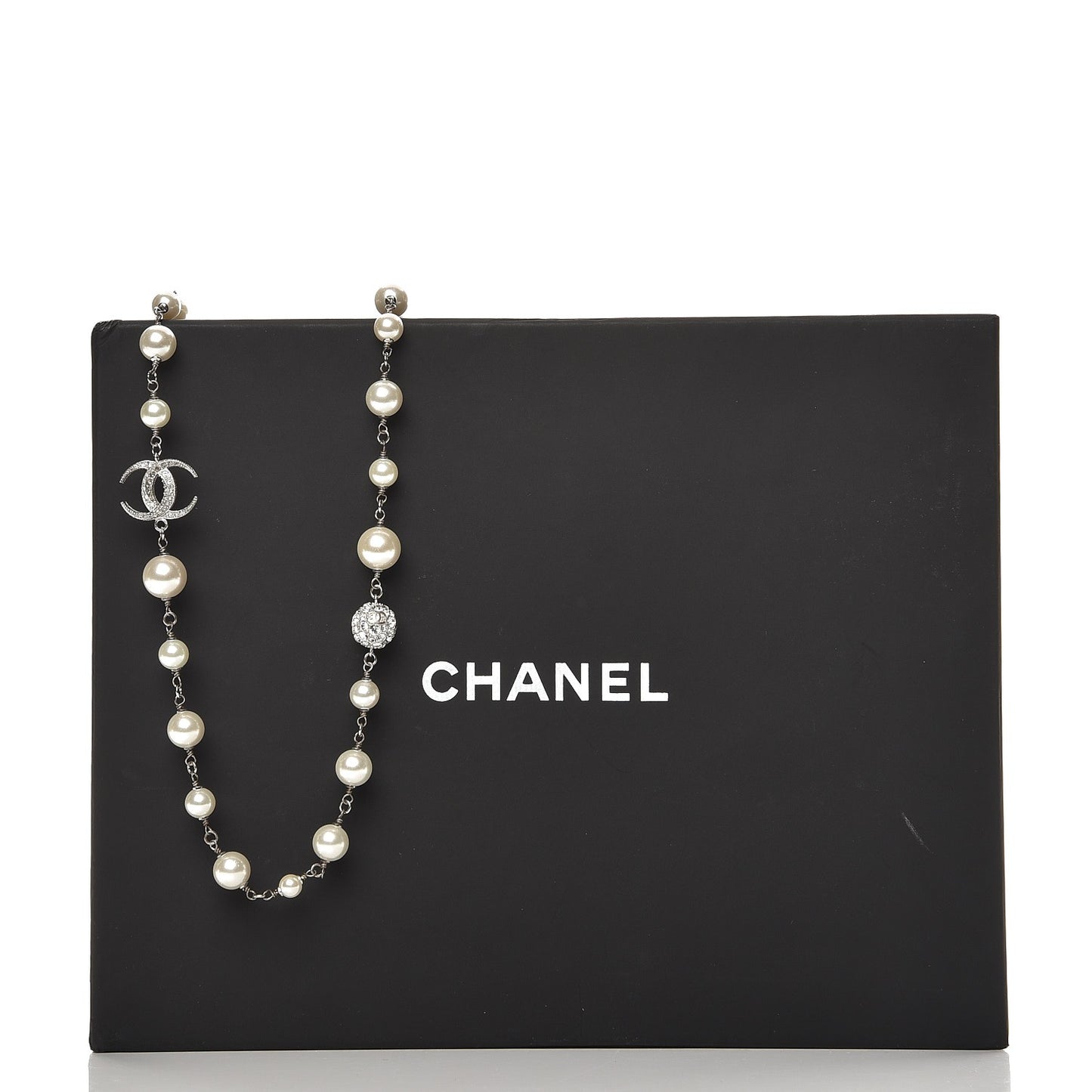 Pearl Baguette Crystal CC Moon Long Necklace Silver
