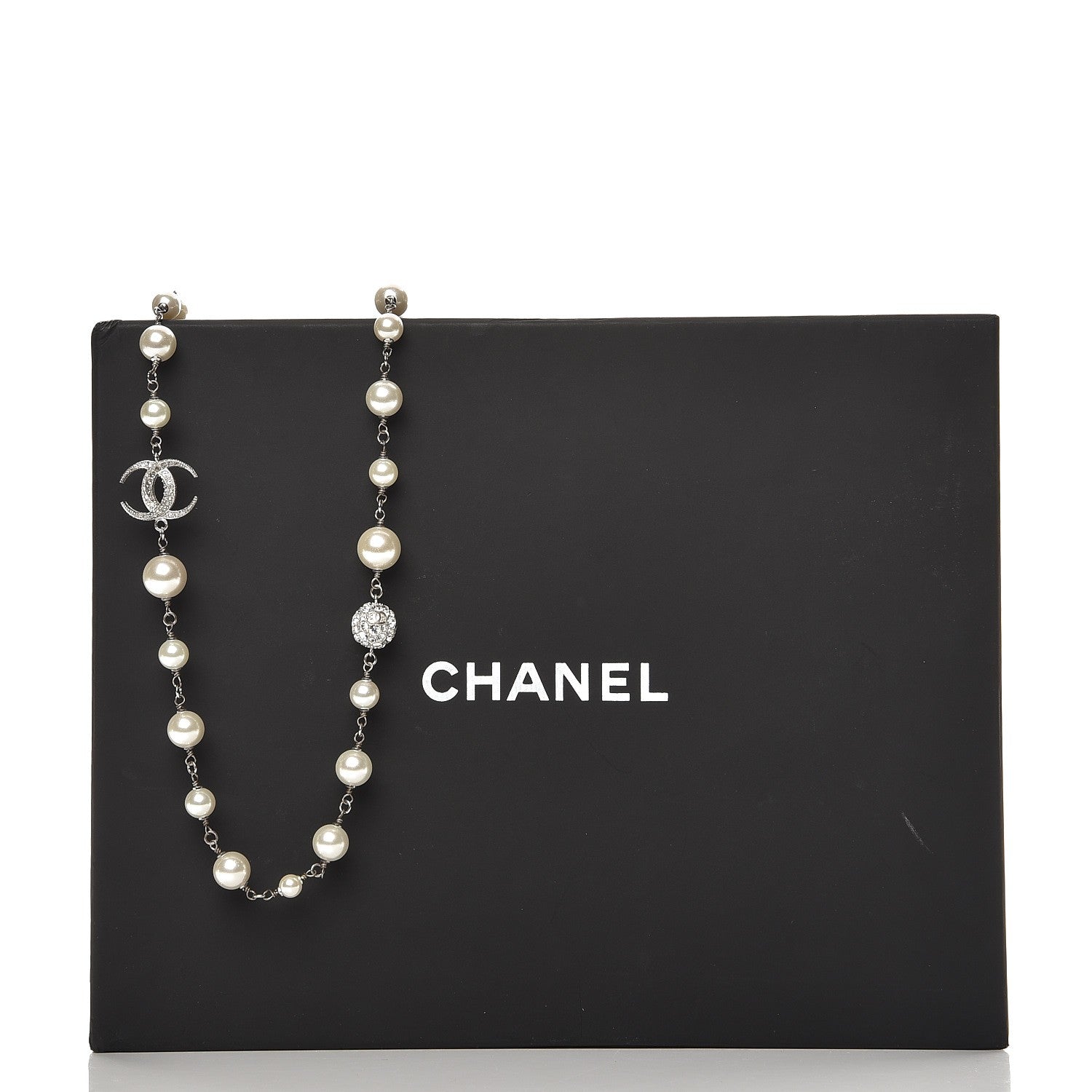 Chanel Pearl Baguette Crystal CC Moon Long Necklace Silver 6 of 6