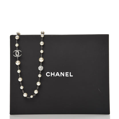 Chanel Pearl Baguette Crystal CC Moon Long Necklace Silver 6 of 6