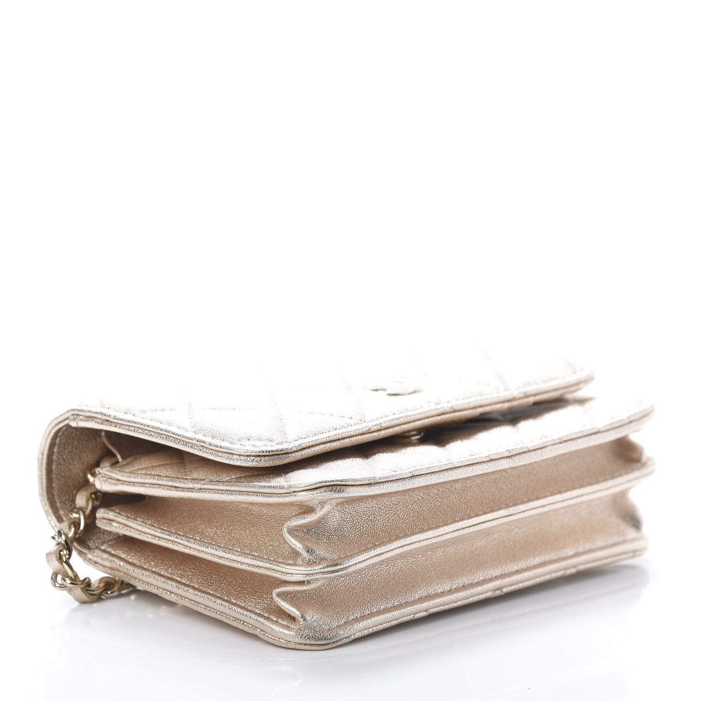 Metallic Lambskin Quilted Mini Wallet On Chain WOC Gold