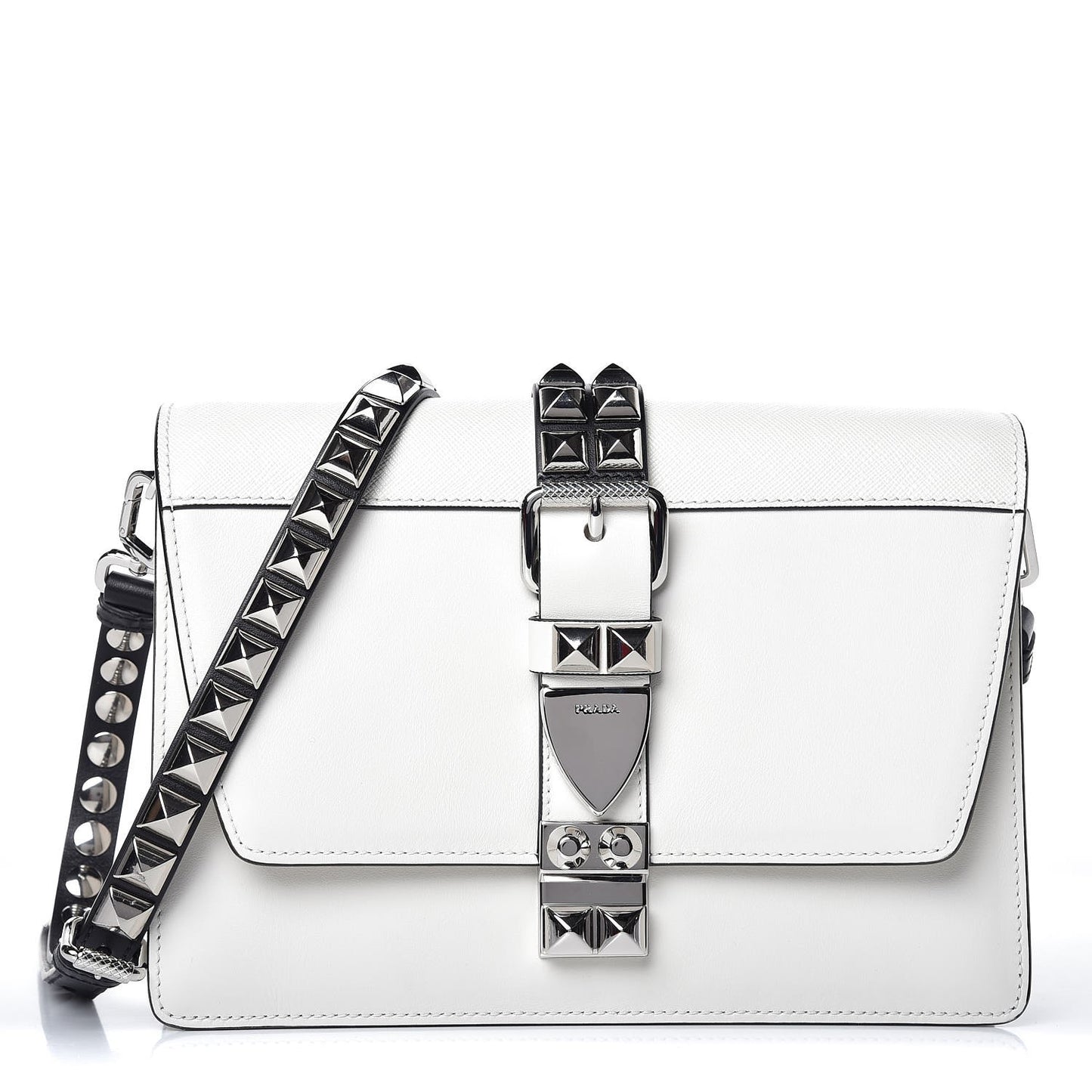 Saffiano City Calfskin Studded Large Elektra Shoulder Bag White