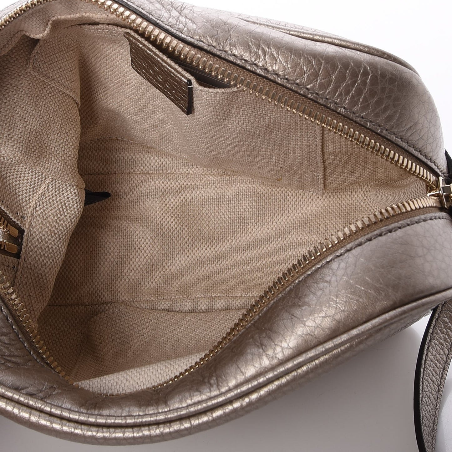 Metallic Pebbled Calfskin Small Soho Disco Bag Golden Beige