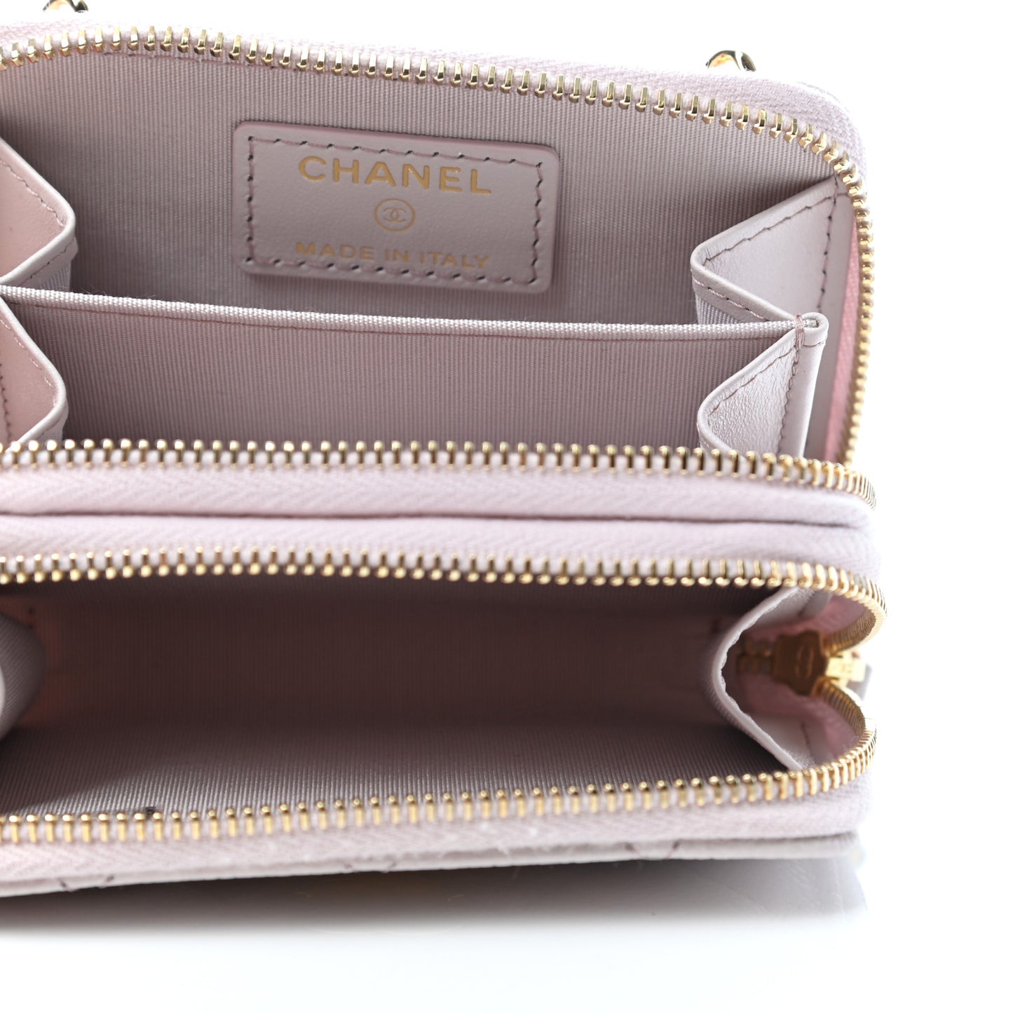 Caviar Quilted Miss Coco Zip Card Holder On Chain Light Pink