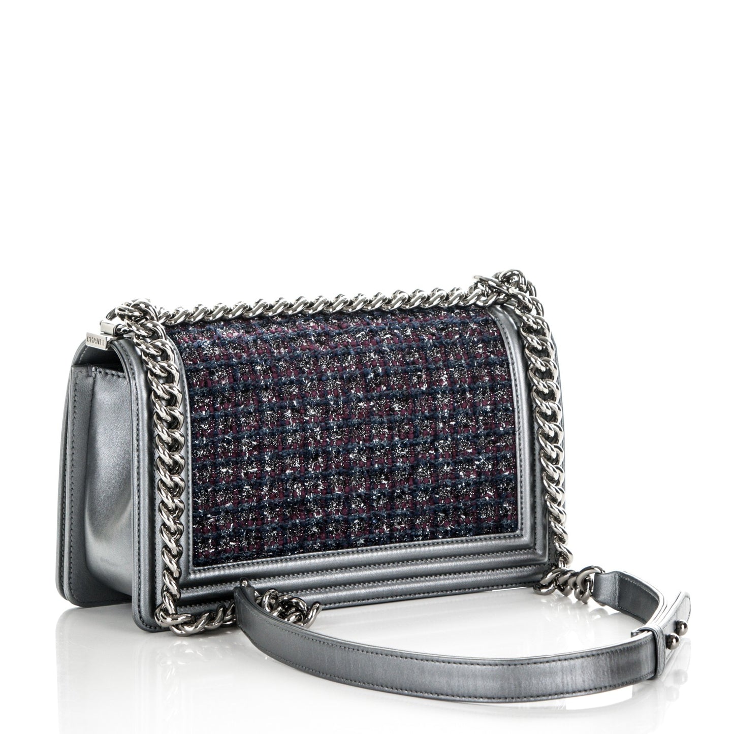Tweed Metallic Lambskin Medium Boy Flap Silver