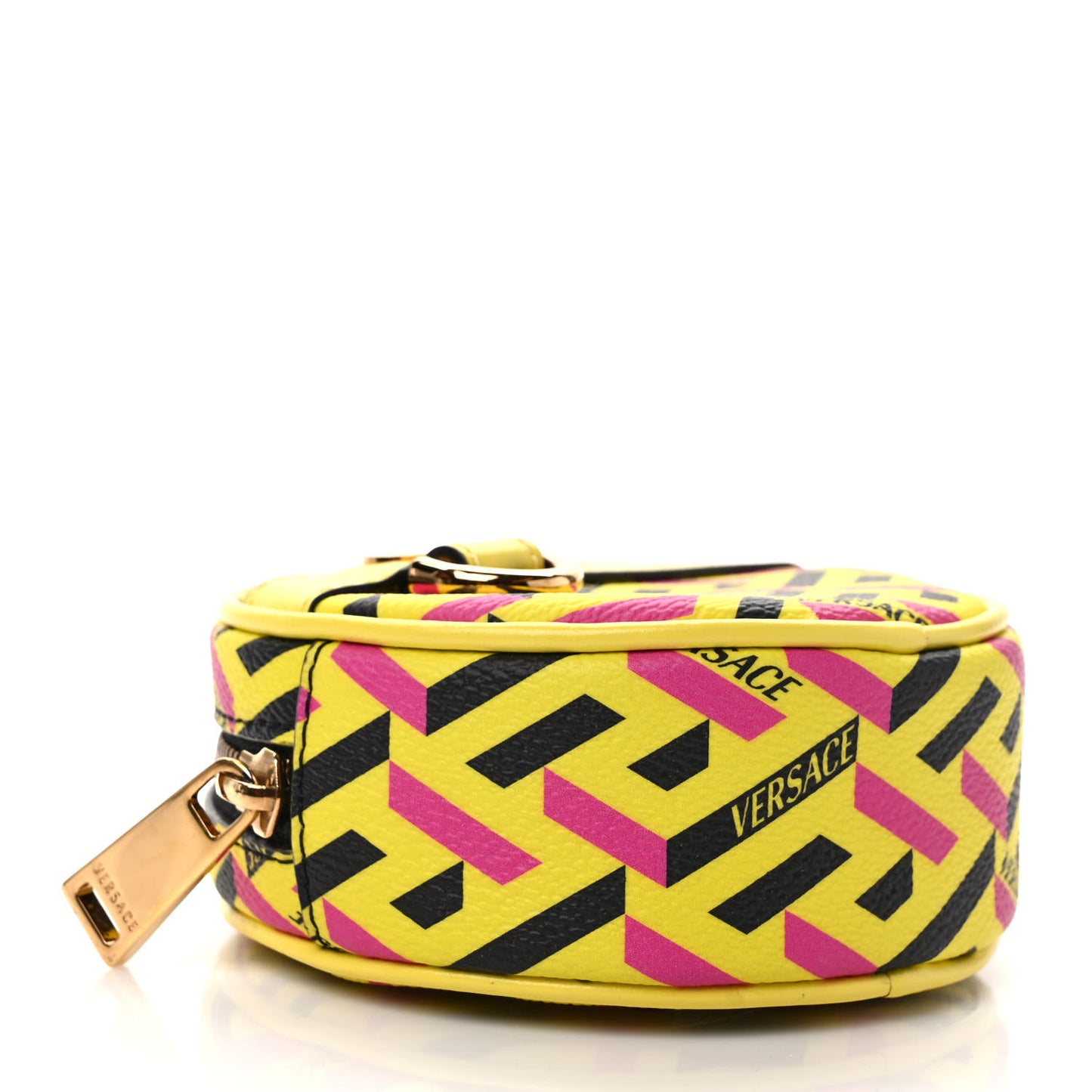 Coated Canvas Calfskin La Greca Round Zip Pouch Yellow Black