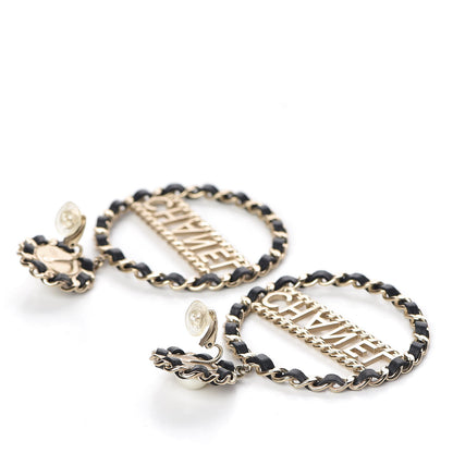 Chanel Pearl Lambskin Chain Logo Hoop Clip On Earrings Black Gold 3 of 7