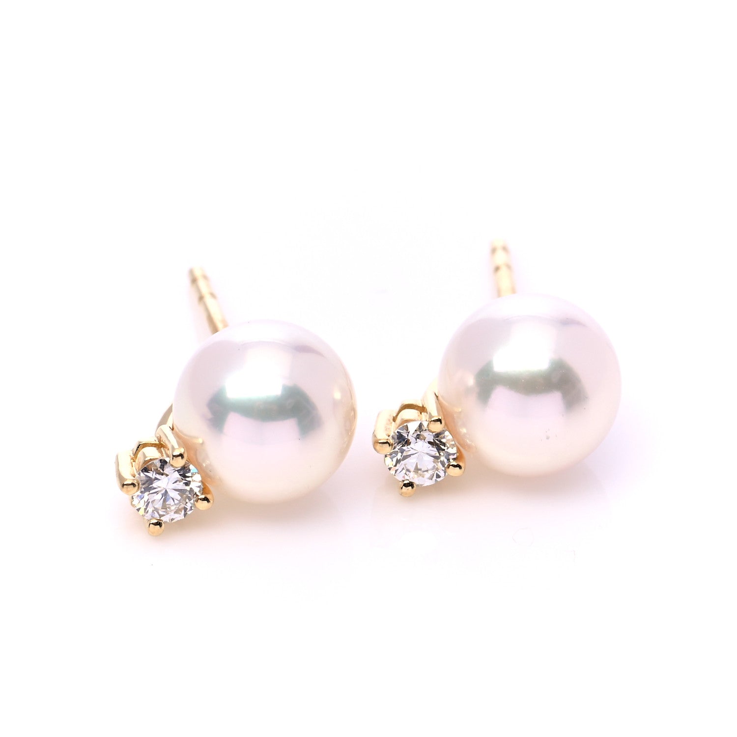Mikimoto 18K Yellow Gold Diamond Akoya Pearl 7-7.5mm Stud Earrings 3 of 8