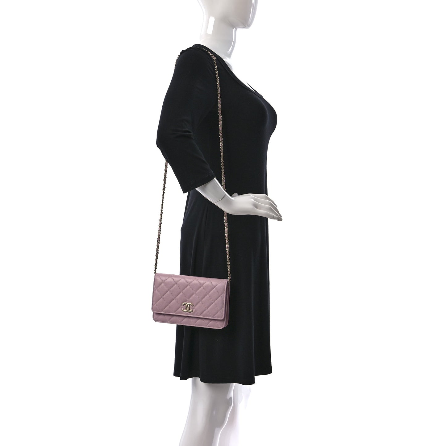 Caviar Quilted Studded CC Wallet on Chain WOC Light Pink