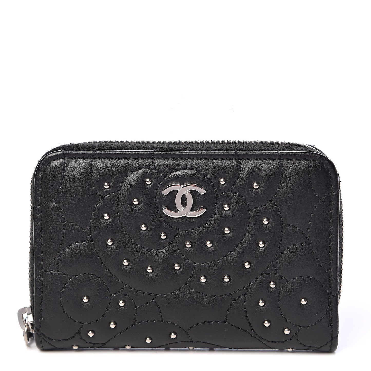 Lambskin Camellia Embossed Studded Zip Coin Purse Black