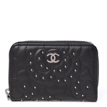 Chanel Lambskin Camellia Embossed Studded Zip Coin Purse Black 1 of 8
