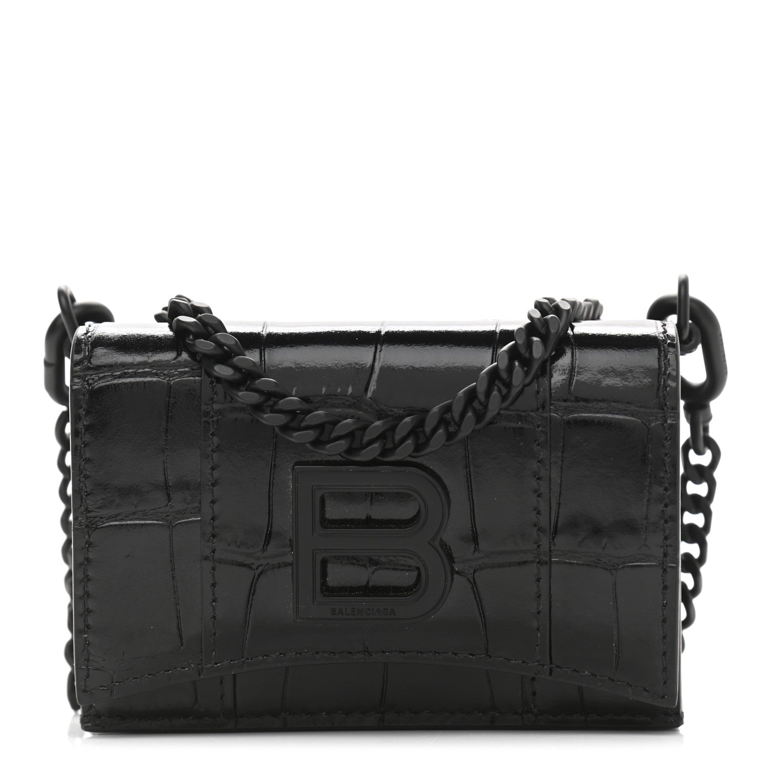 Balenciaga Shiny Calfskin Monochrome Crocodile Embossed Mini Hourglass Wallet on Chain Black 1 of 13