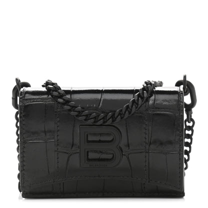 Balenciaga Shiny Calfskin Monochrome Crocodile Embossed Mini Hourglass Wallet on Chain Black 1 of 13