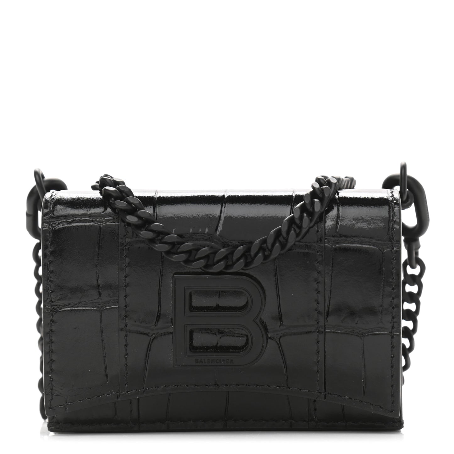 Shiny Calfskin Monochrome Crocodile Embossed Mini Hourglass Wallet on Chain Black