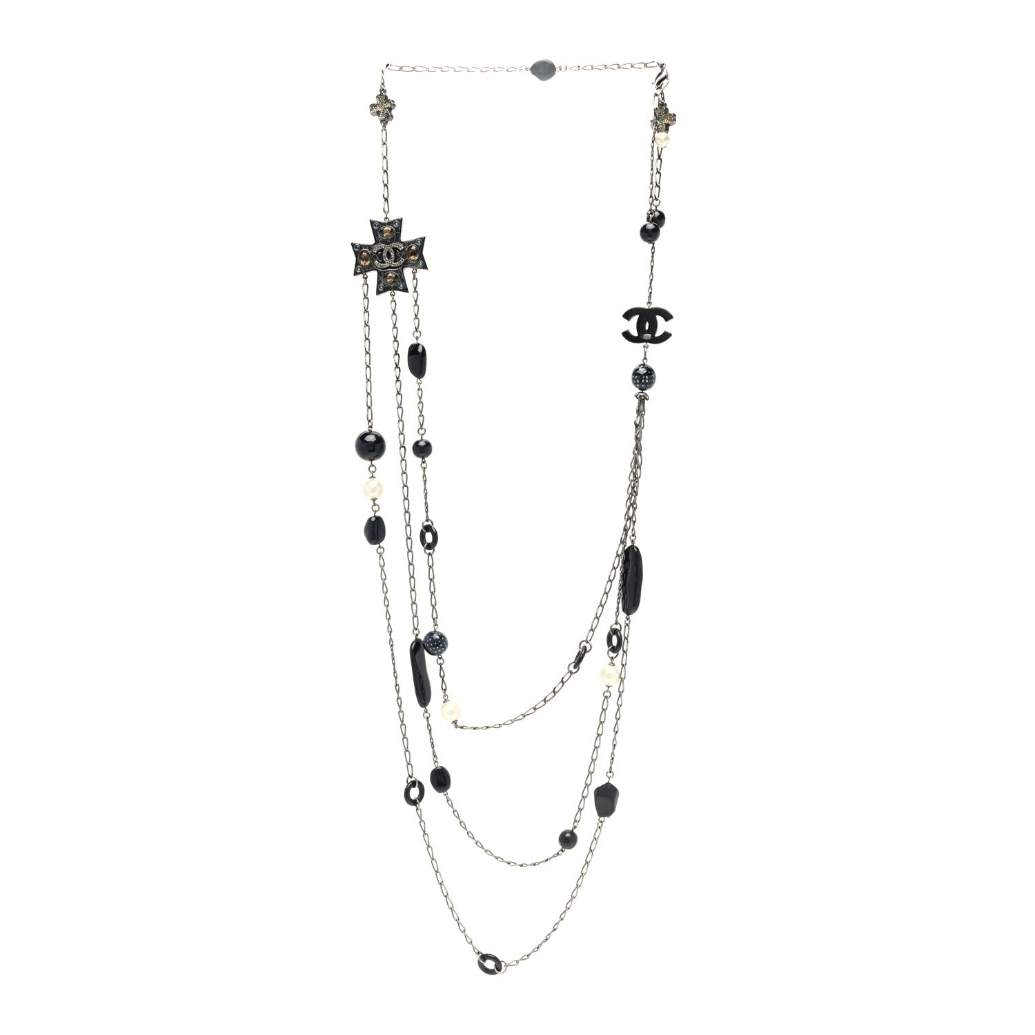 Chanel Resin Pearl Beaded CC Cross Multi Strand Long Necklace Ruthenium Black 3 of 5