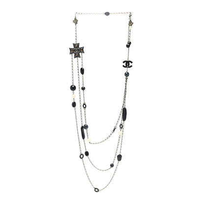 Chanel Resin Pearl Beaded CC Cross Multi Strand Long Necklace Ruthenium Black 3 of 5