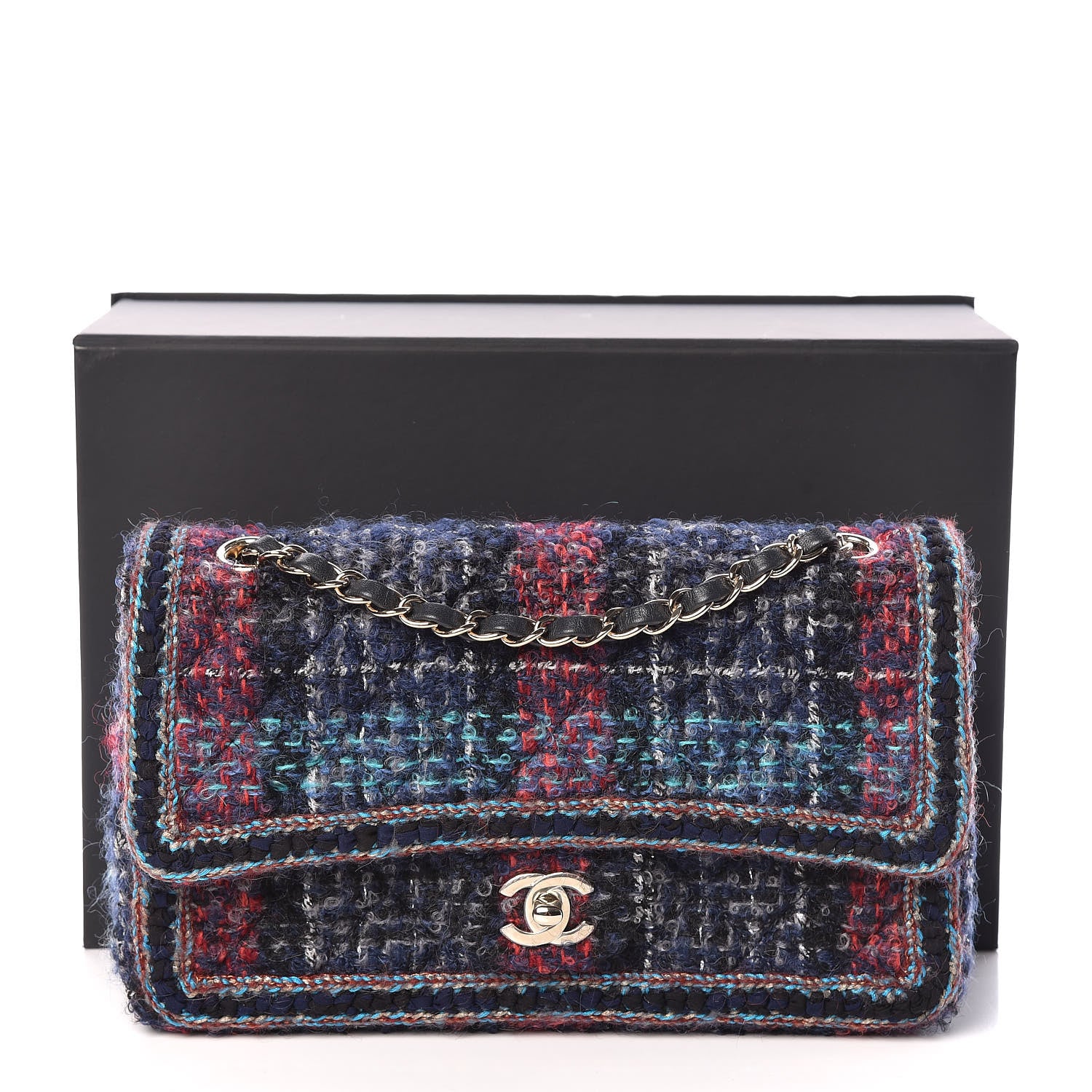 Chanel Tweed Braid Medium Flap Navy Green Red Grey 10 of 10