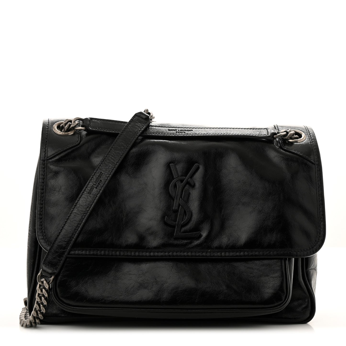 Crinkled Calfskin Monogram Medium Niki Chain Satchel Black