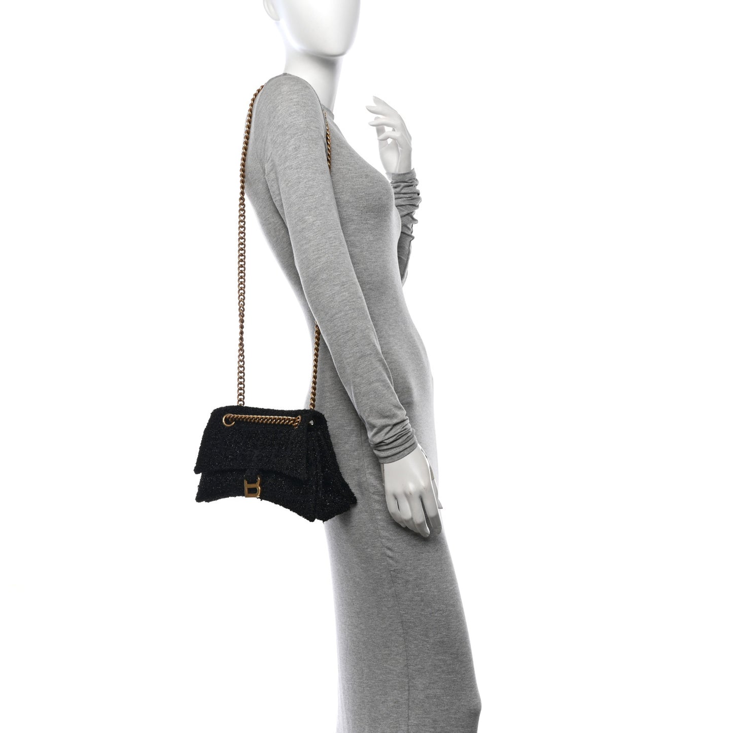 Metallic Tweed Boucle Quilted Small Crush Chain Bag Black