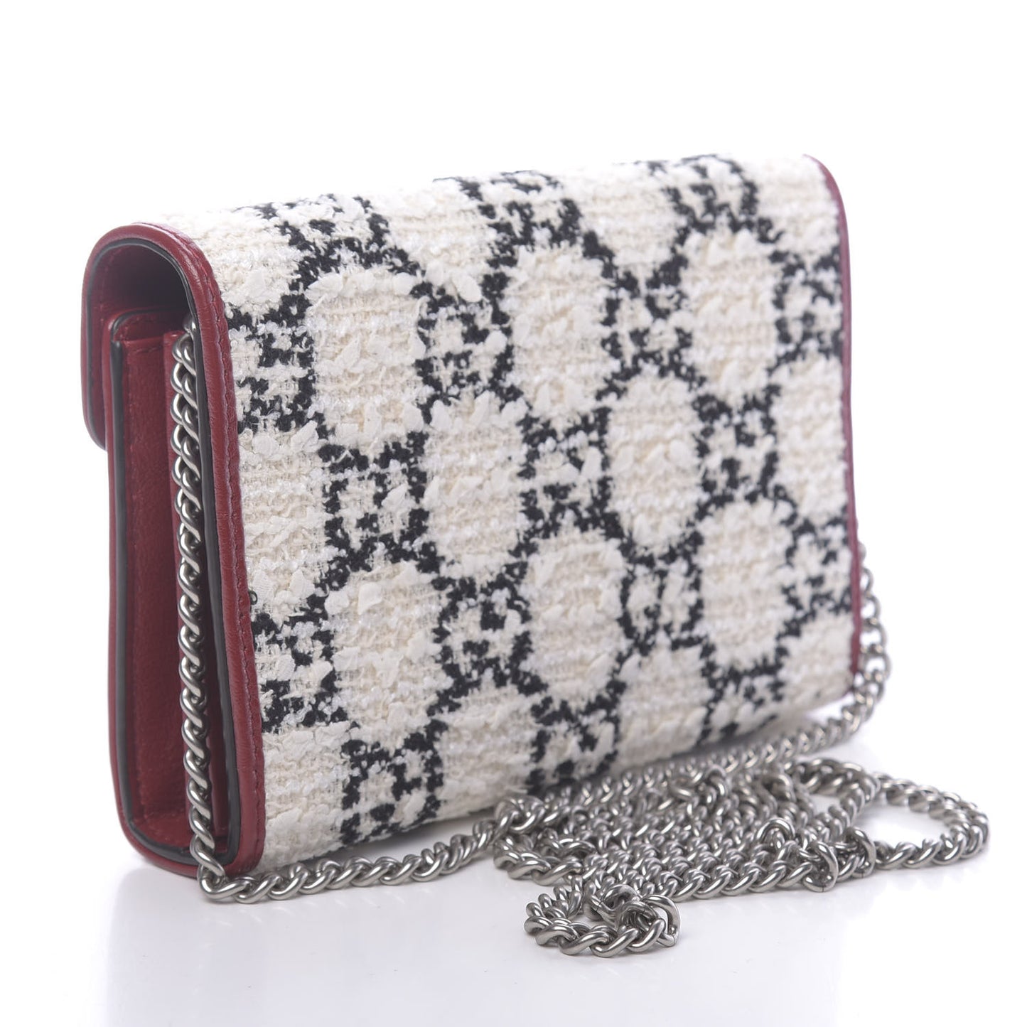 Tweed GG Monogram Mini Dionysus Chain Wallet White Black Romantic Cherry