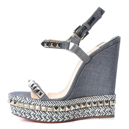 Christian Louboutin Denim Pyraclou 140 Wedge Sandals 40 Blue White 1 of 12