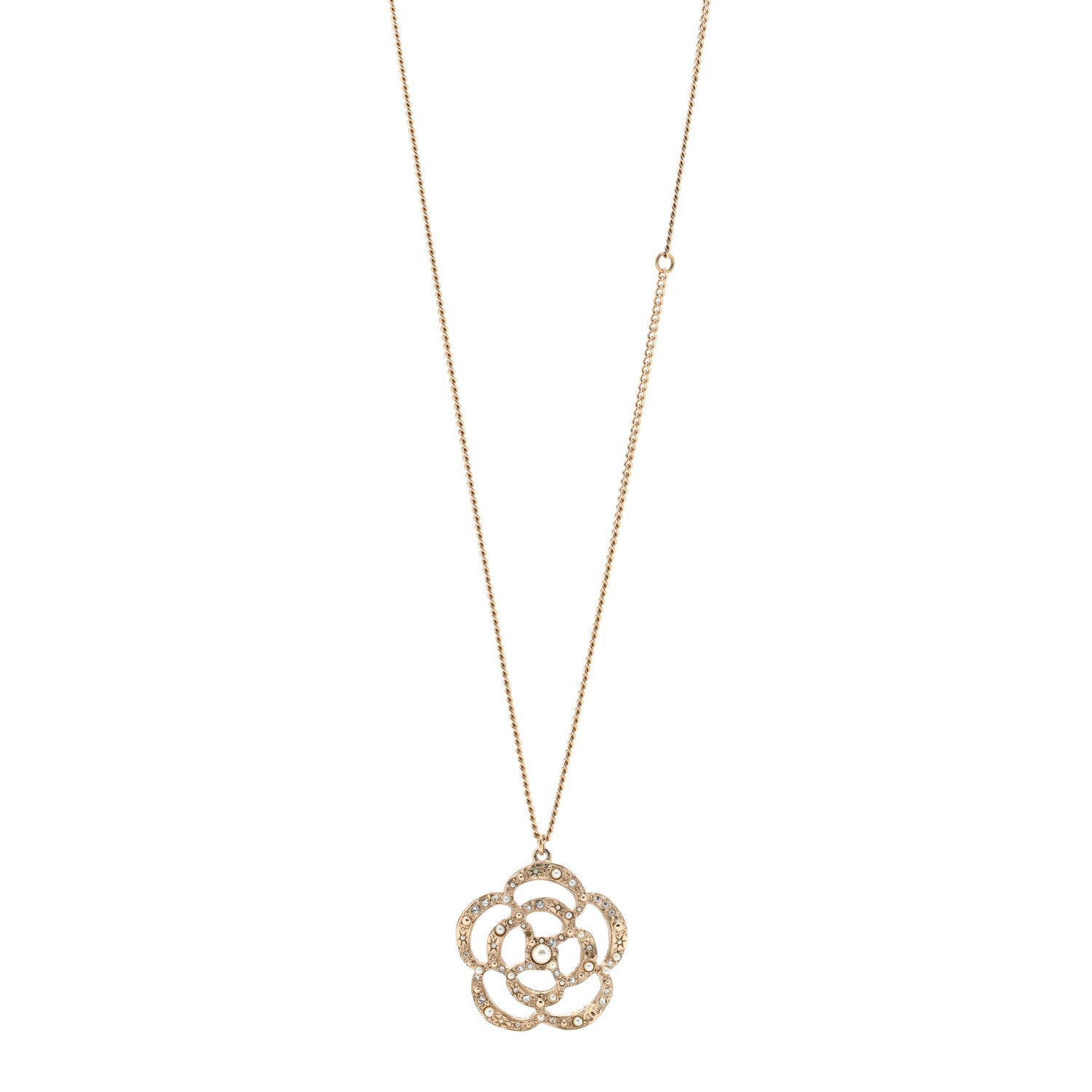 Chanel Crystal Pearl Camellia Necklace Gold 1 of 4