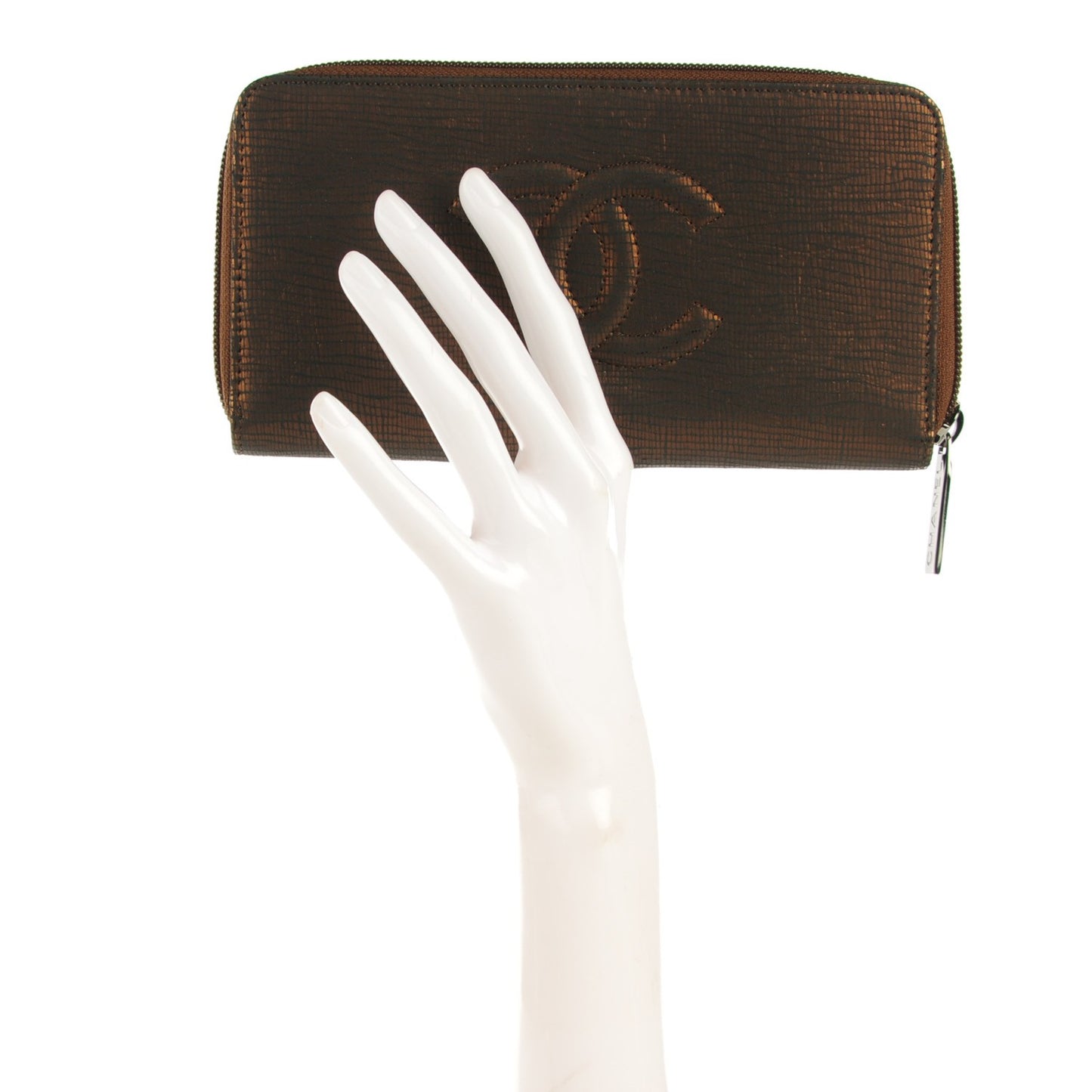 Iridescent Stamped Calfskin Large Timeless CC Gusset Zip Around Wallet Brown