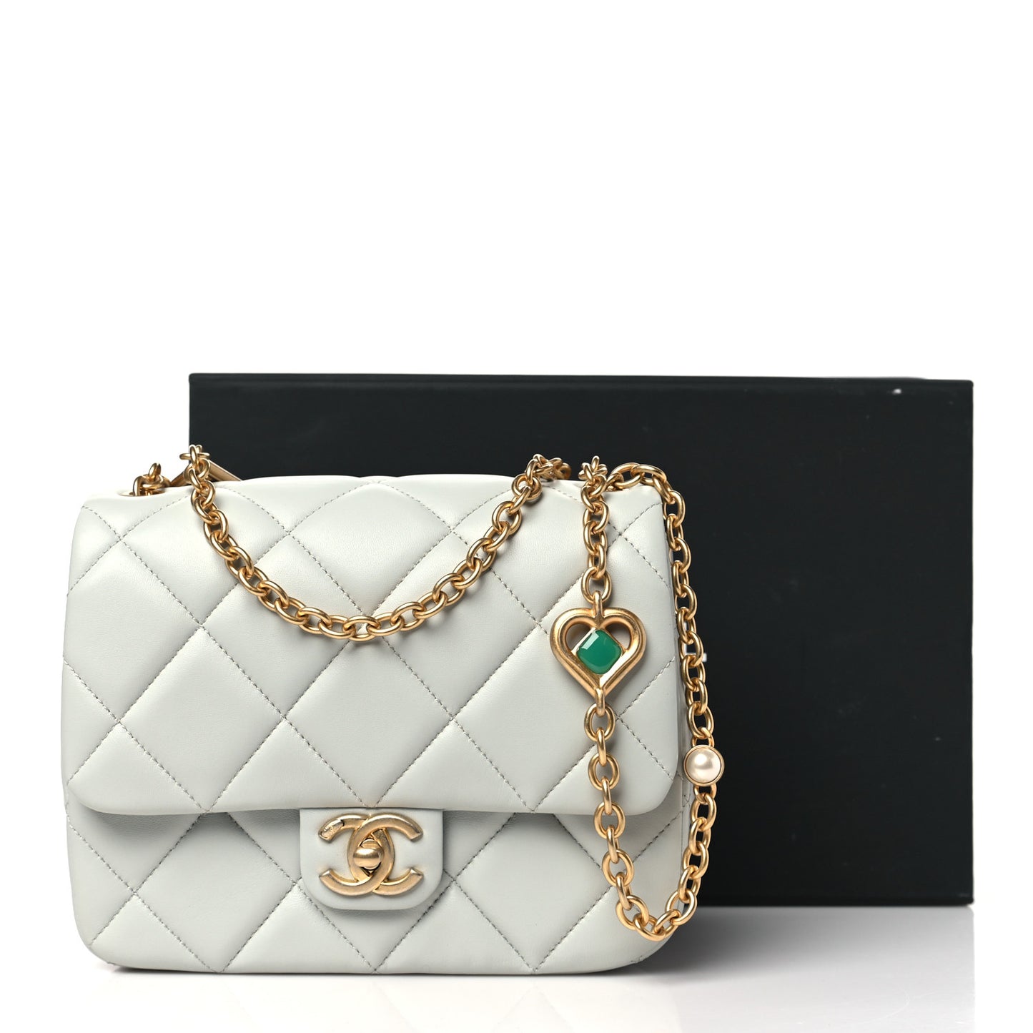 Lambskin Enamel Pearl Quilted Mini Charm Me Square Flap Light Blue