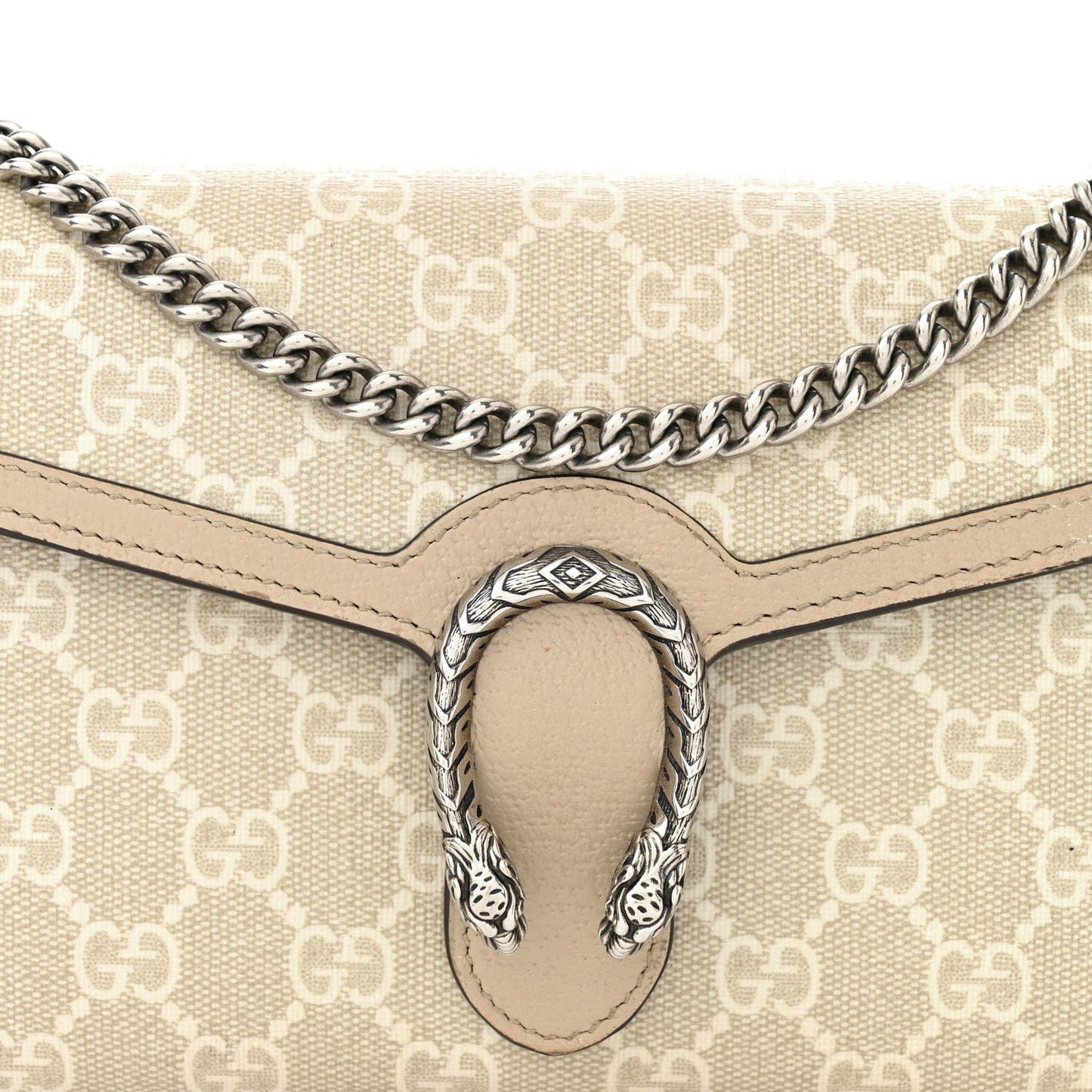 GG Supreme Monogram Textured Dollar Calfskin Mini Dionysus Chain Wallet Beige Mystic White Oatmeal