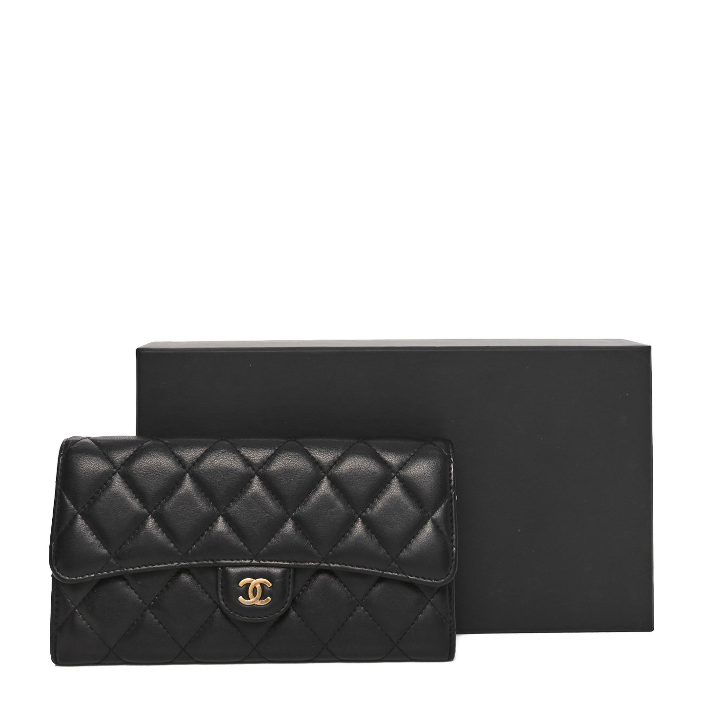 Lambskin Quilted Large Gusset Flap Wallet Black