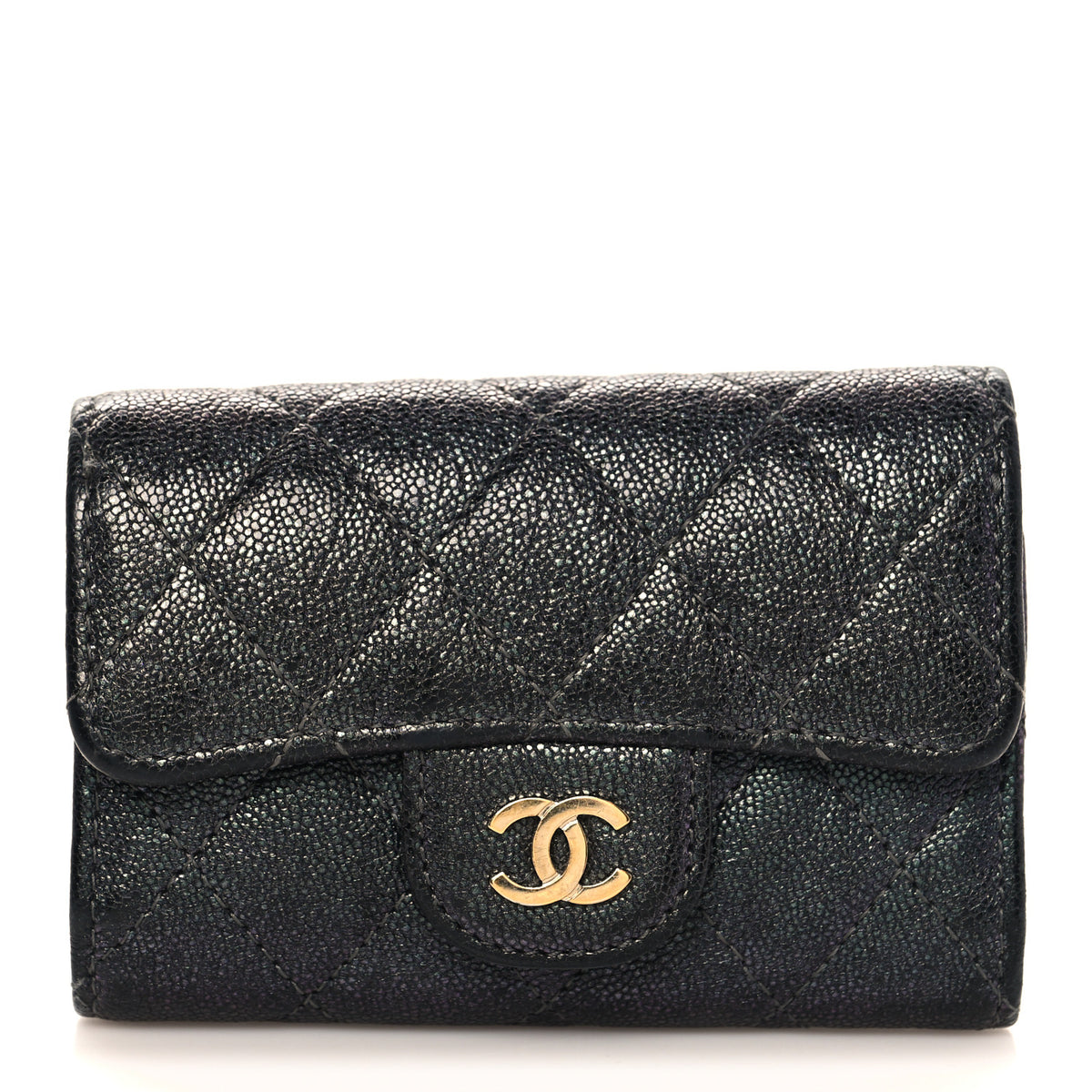 Iridescent Caviar Quilted Classic 4 Key Holder Wallet Black