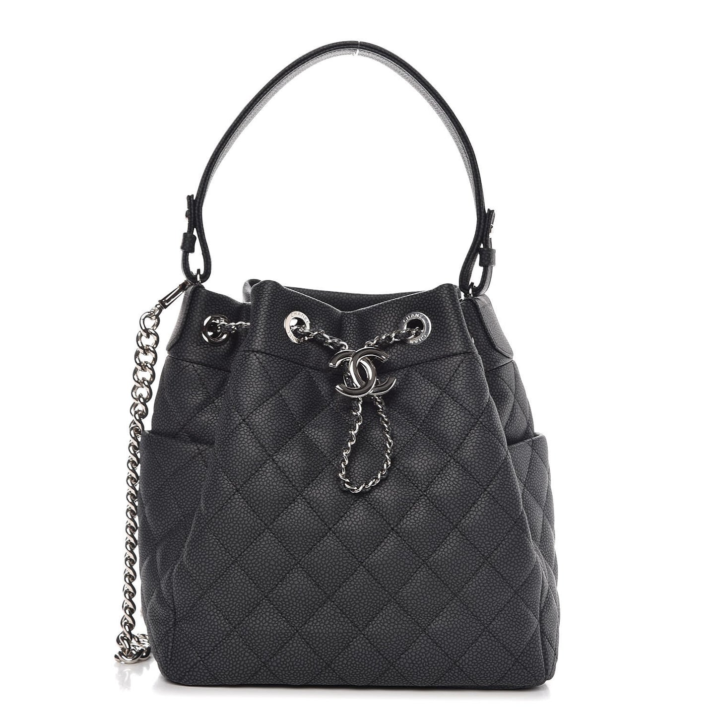 Caviar Flat Quilted CC Chain Bucket Drawstring Bag Black