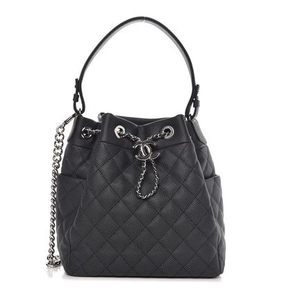 Chanel Caviar Flat Quilted CC Chain Bucket Drawstring Bag Black 1 of 9
