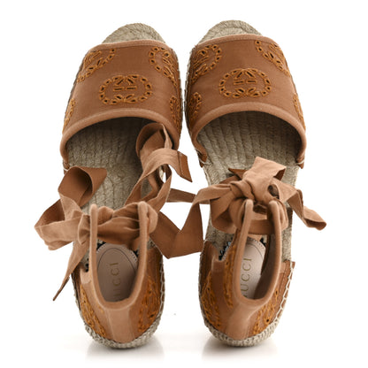 Gucci Canvas Damita GG Eyelet Espadrille Wedge Sandals 38 Blondie Cognac 2 of 11