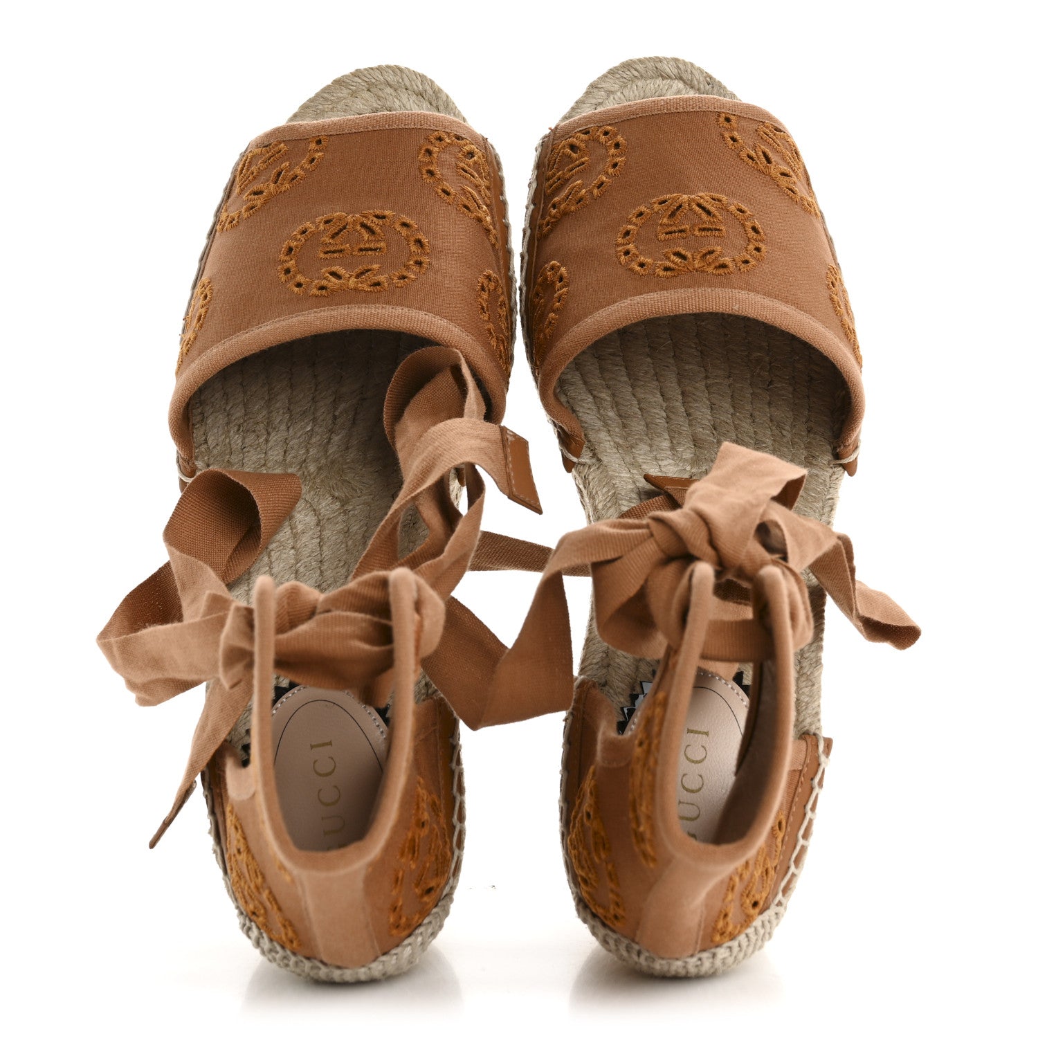 Gucci Canvas Damita GG Eyelet Espadrille Wedge Sandals 38 Blondie Cognac 2 of 11