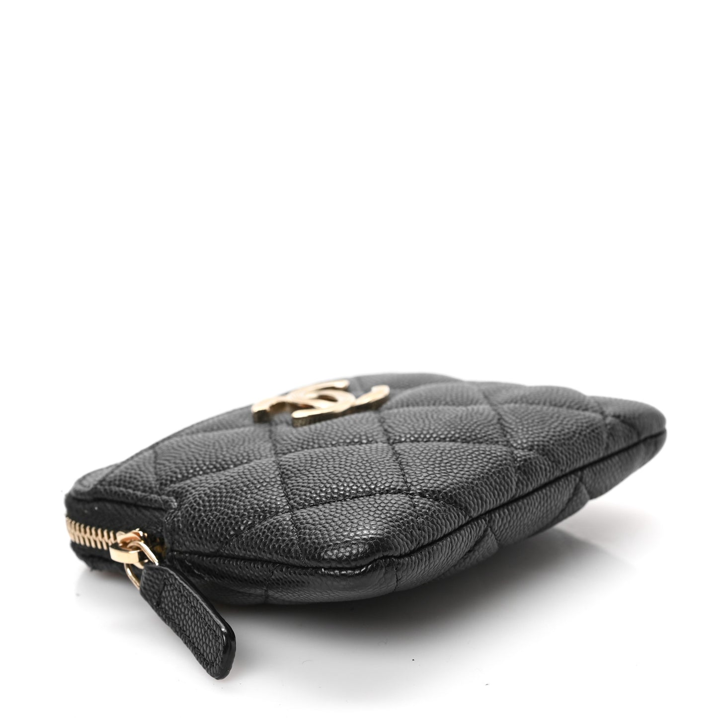 Caviar Metal Quilted Striated Zip Card Holder Wallet Black
